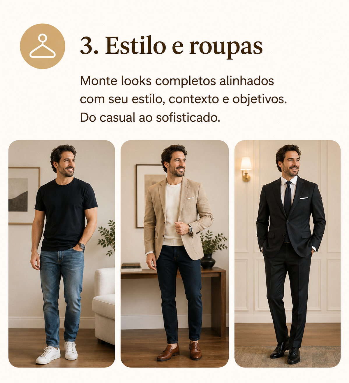 Simulações de estilo e roupas para diferentes níveis de sofisticação.